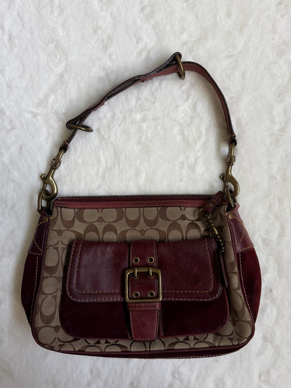 Coach Beige Signature Canvas Shoulder Bag with Burgundy Leather Y2K